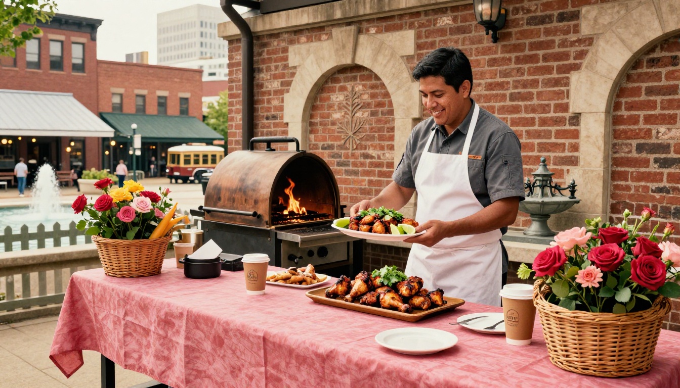 Chef serving grilled chicken beside a glowing outdoor grill.