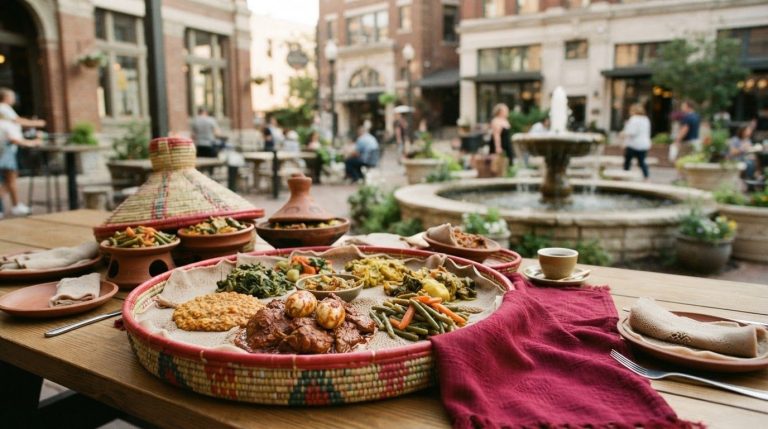 Ethiopian dishes and torn injera arranged on a communal table.