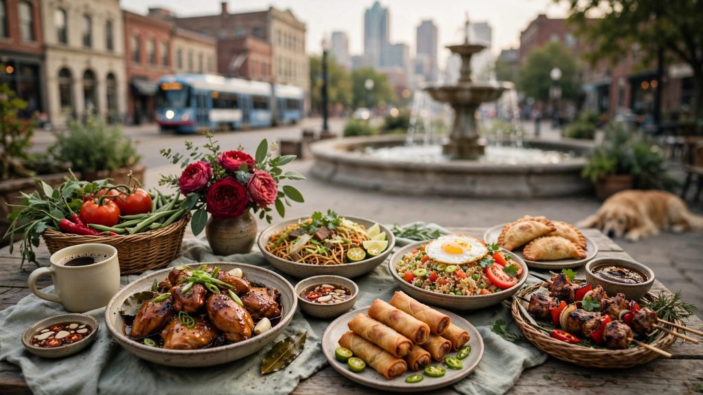 Filipino dishes including adobo, lumpia, noodles, rice, empanadas, and skewers on a rustic table.