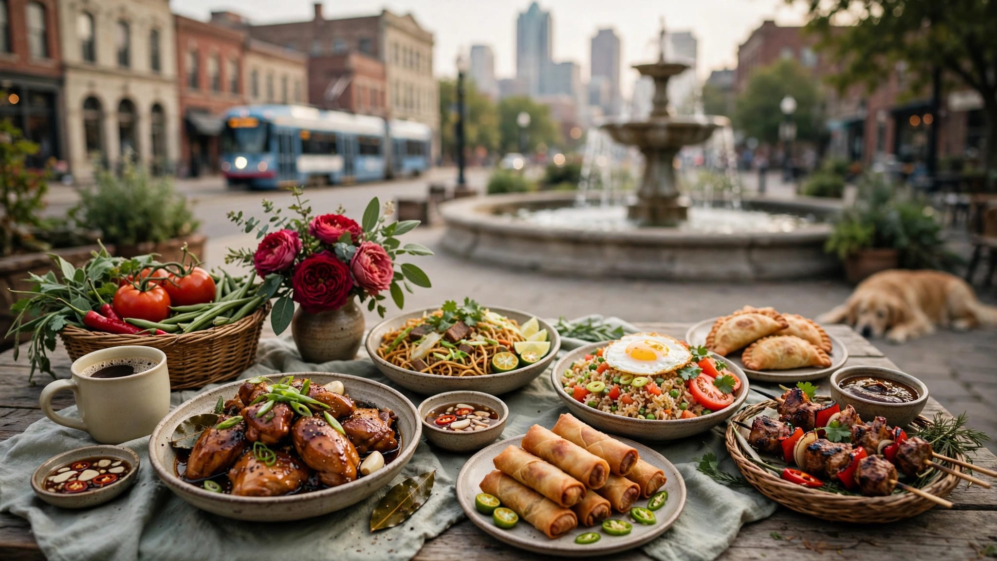Filipino dishes including adobo, lumpia, noodles, rice, empanadas, and skewers on a rustic table.