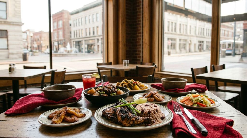 Jamaican dishes with jerk chicken, oxtail, rice and peas, plantains, and vegetables on a rustic table.