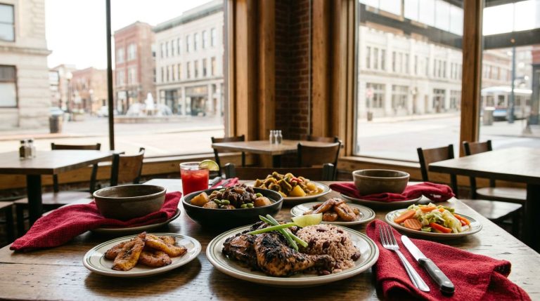 Jamaican dishes with jerk chicken, oxtail, rice and peas, plantains, and vegetables on a rustic table.