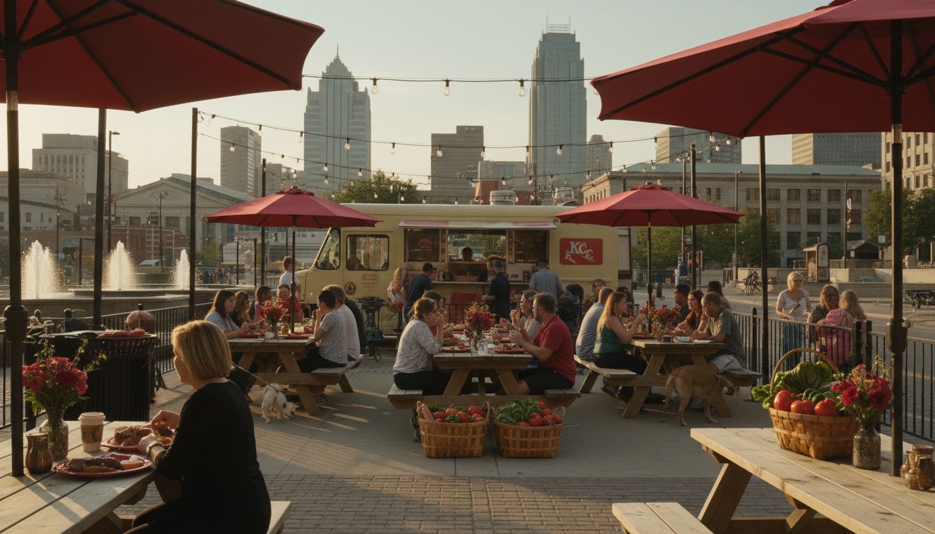A lively Kansas City barbecue patio glows beside historic brick buildings at sunset.