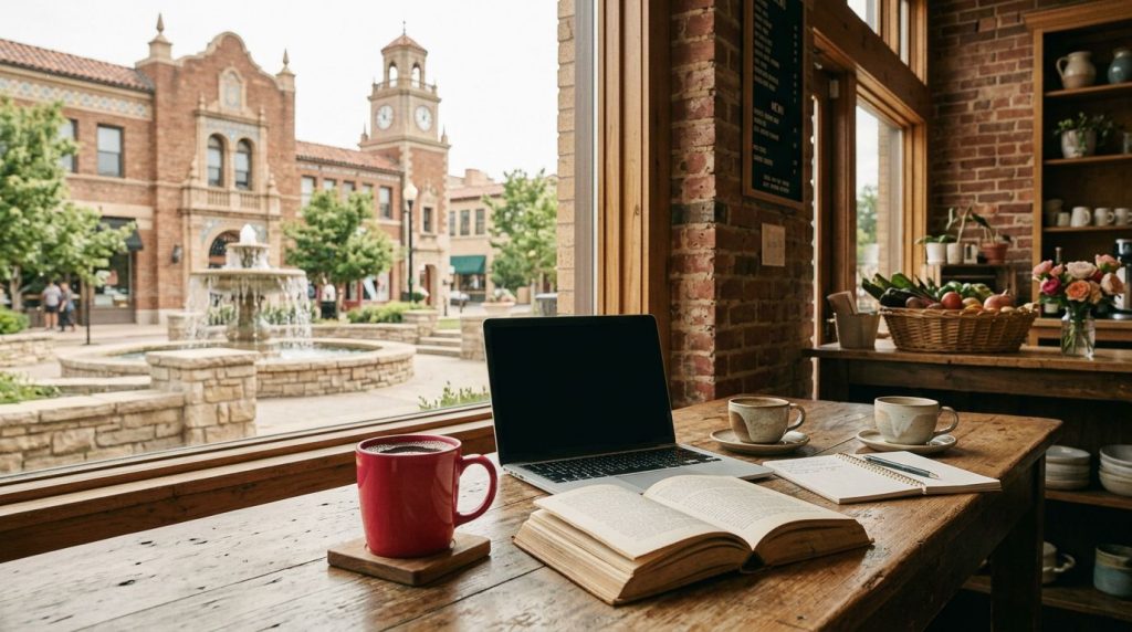 Coffee table with a laptop, book, notebook, cups, and red mug near a sunny window.