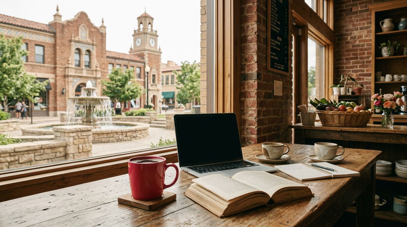 Coffee table with a laptop, book, notebook, cups, and red mug near a sunny window.