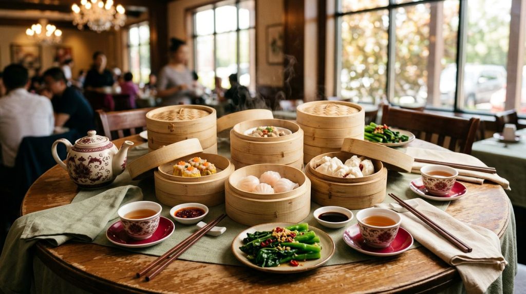 Dim sum baskets with dumplings, vegetables, teacups, and chopsticks on a restaurant table.