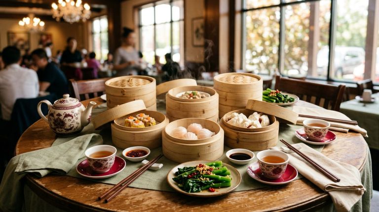 Dim sum baskets with dumplings, vegetables, teacups, and chopsticks on a restaurant table.