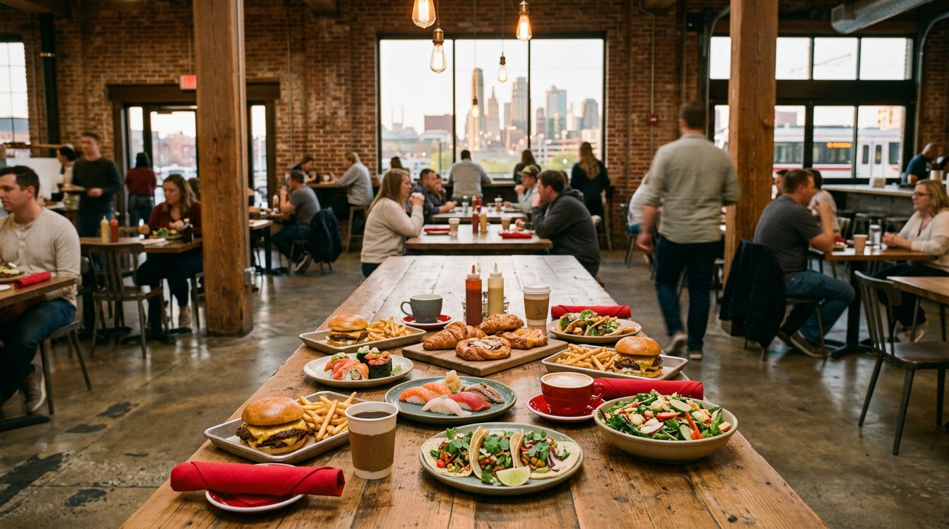 A food hall table covered with burgers, sushi, tacos, salad, pastries, and coffee.