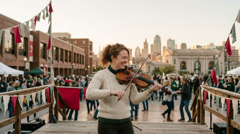 An Irish fiddler performs outdoors as dancers and a crowd gather at Crown Center Square.