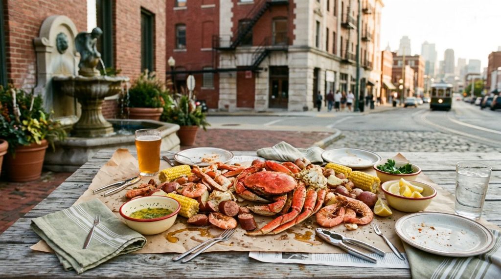 A seafood boil with crab, shrimp, corn, and sausage on a rustic outdoor table.