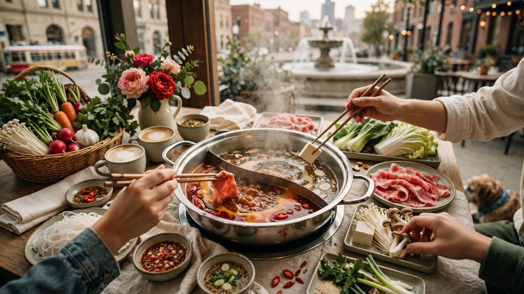 A bubbling divided hot pot surrounded by meats, vegetables, noodles, sauces, and reaching hands.