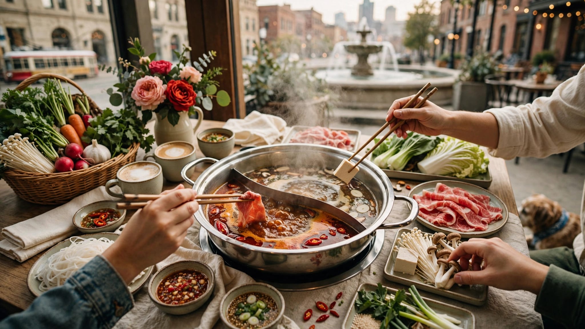 A bubbling divided hot pot surrounded by meats, vegetables, noodles, sauces, and reaching hands.