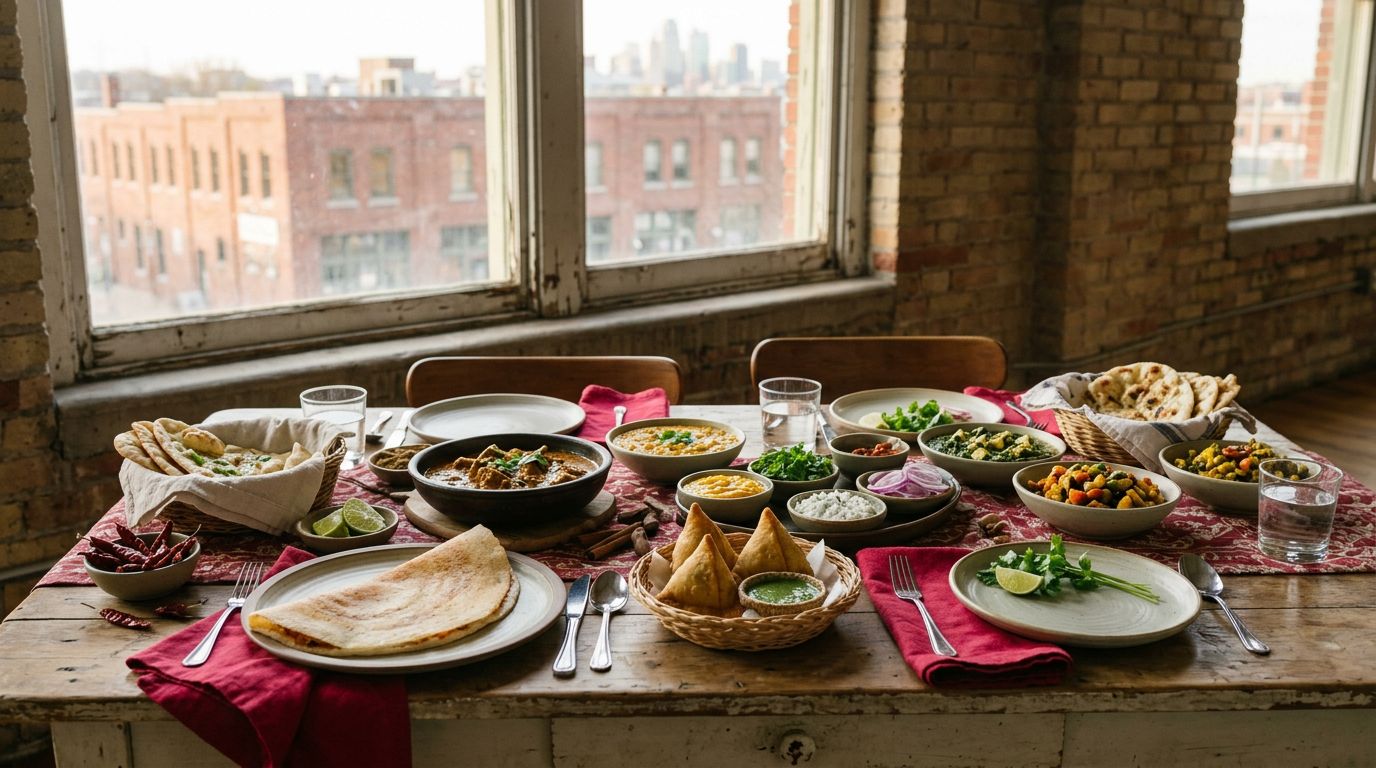 Indian dishes, naan, samosas, and chutneys fill a rustic table by a sunlit window.