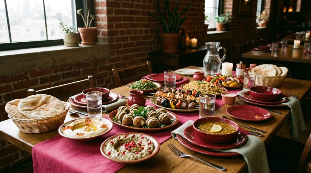 A Mediterranean dinner spread with hummus, pita, soup, salad, rice, and grilled kabobs.