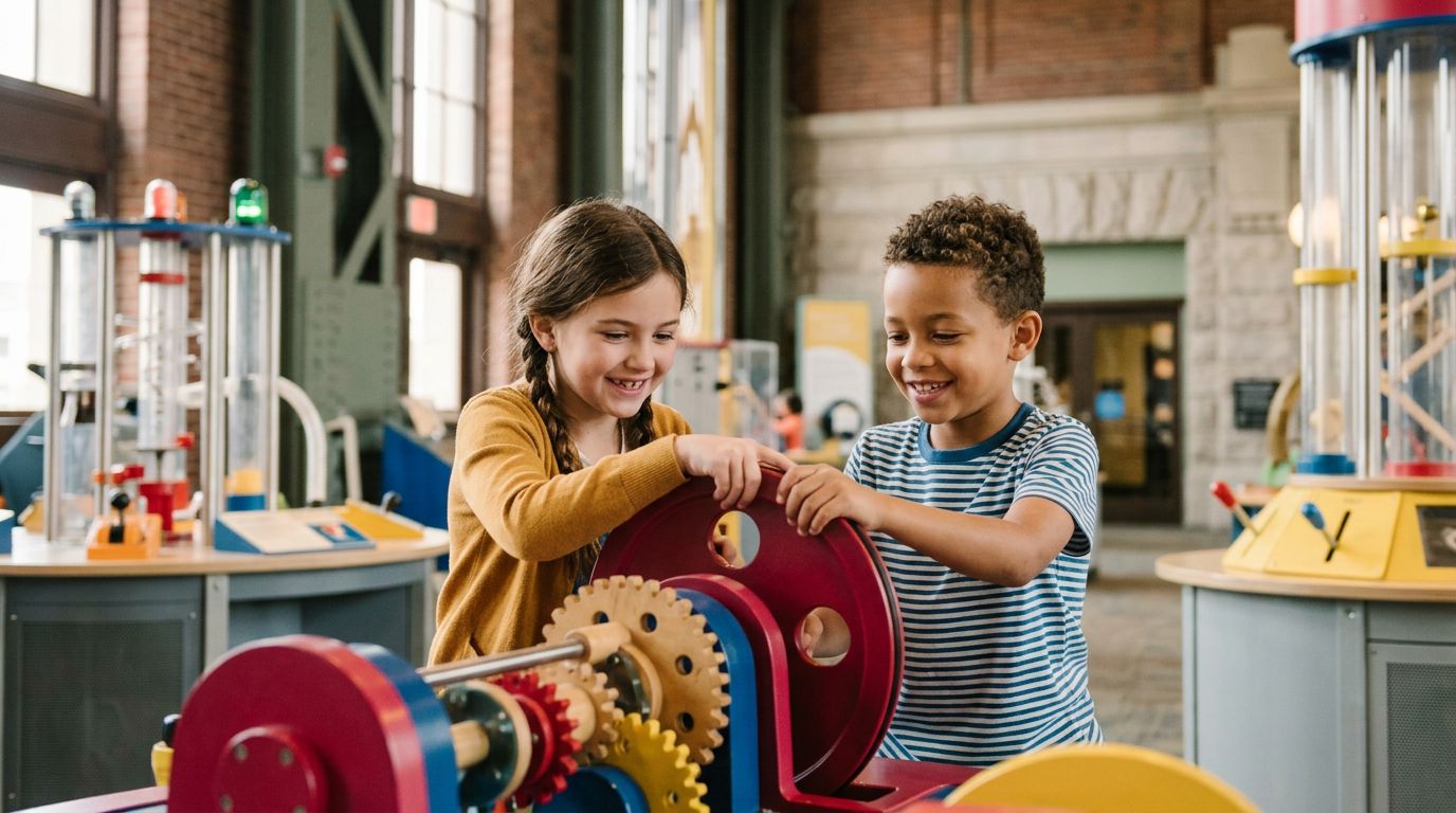 Two children explore a colorful hands-on science machine inside a bright exhibit hall.