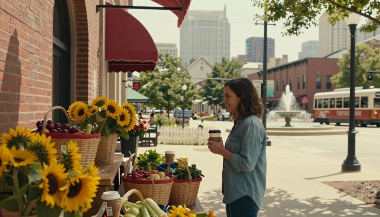 Smiling woman with coffee beside sunflowers at a Kansas City market.