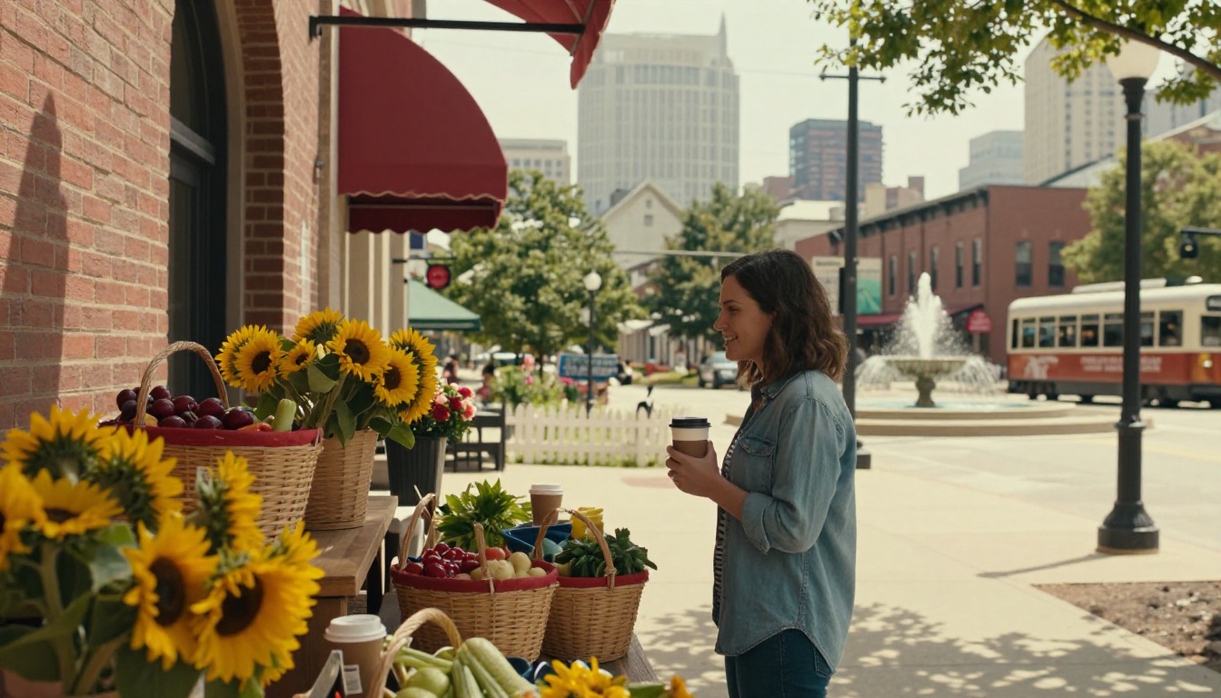 Smiling woman with coffee beside sunflowers at a Kansas City market.