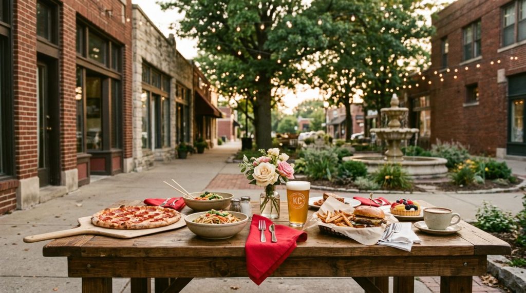 Outdoor table with pizza, Thai noodles, beer, burger, fries, dessert, and coffee in Waldo.