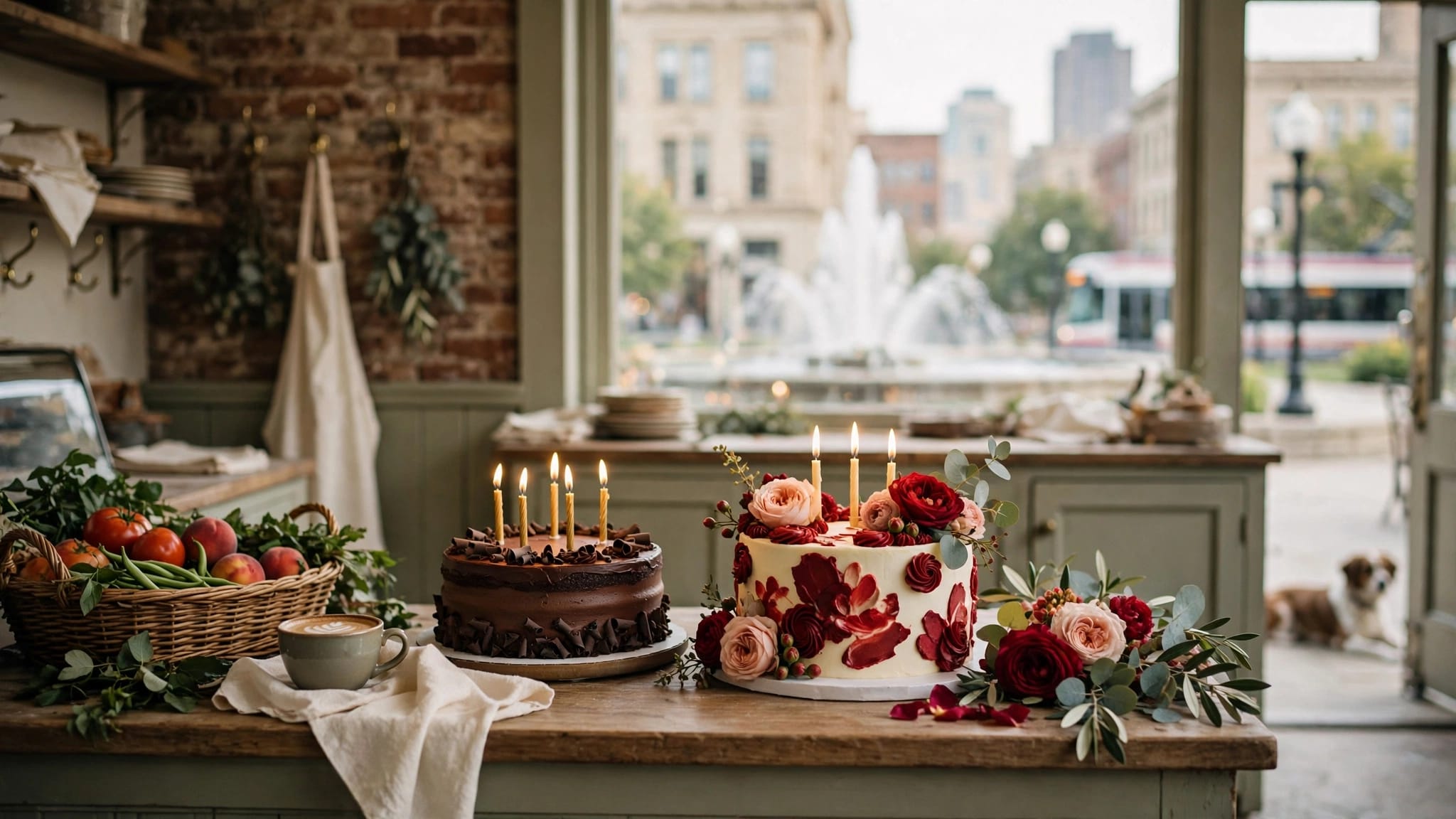 Two decorated birthday cakes sit on a bakery counter near a sunlit window.