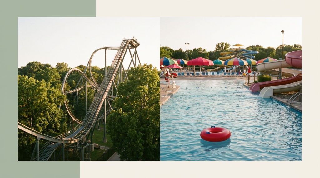 A roller coaster and colorful wave pool represent Kansas City theme parks.