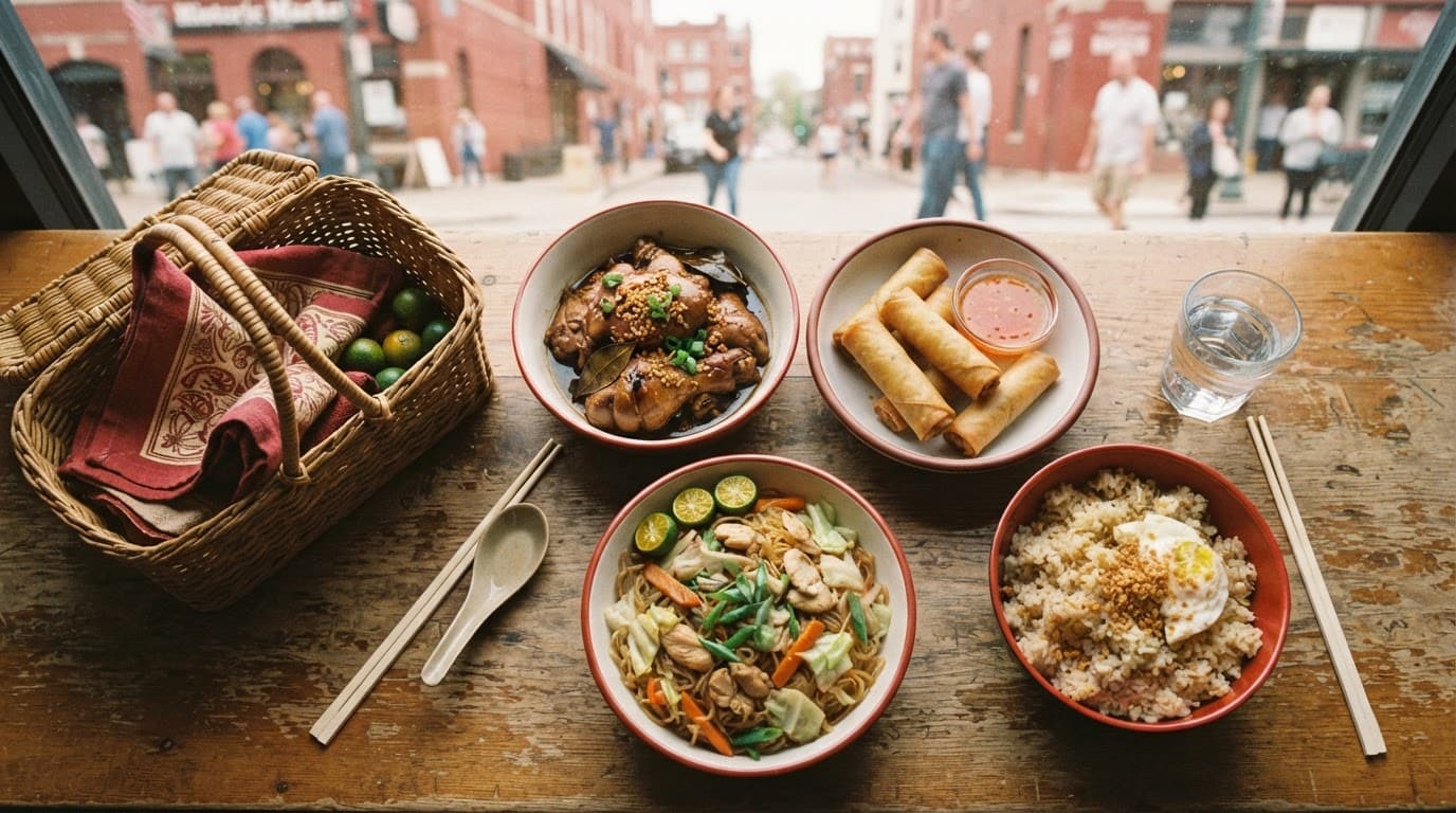 Filipino dishes including rice, savory meats, and fried rolls on a market table.