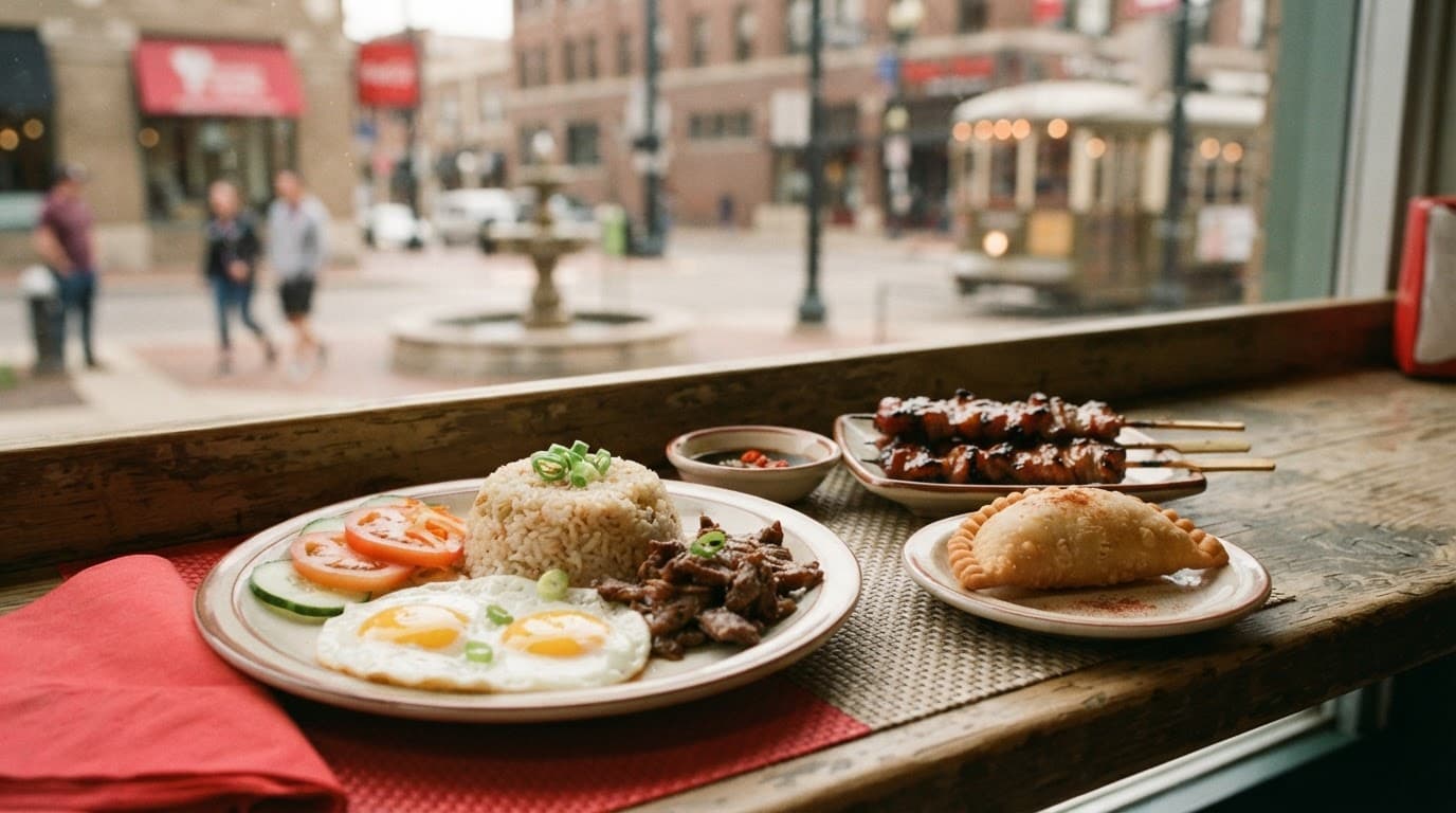 A Filipino breakfast plate with skewers and an empanada on a counter.