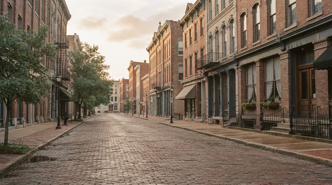 A quiet brick street between historic buildings in St. Joseph, Missouri.