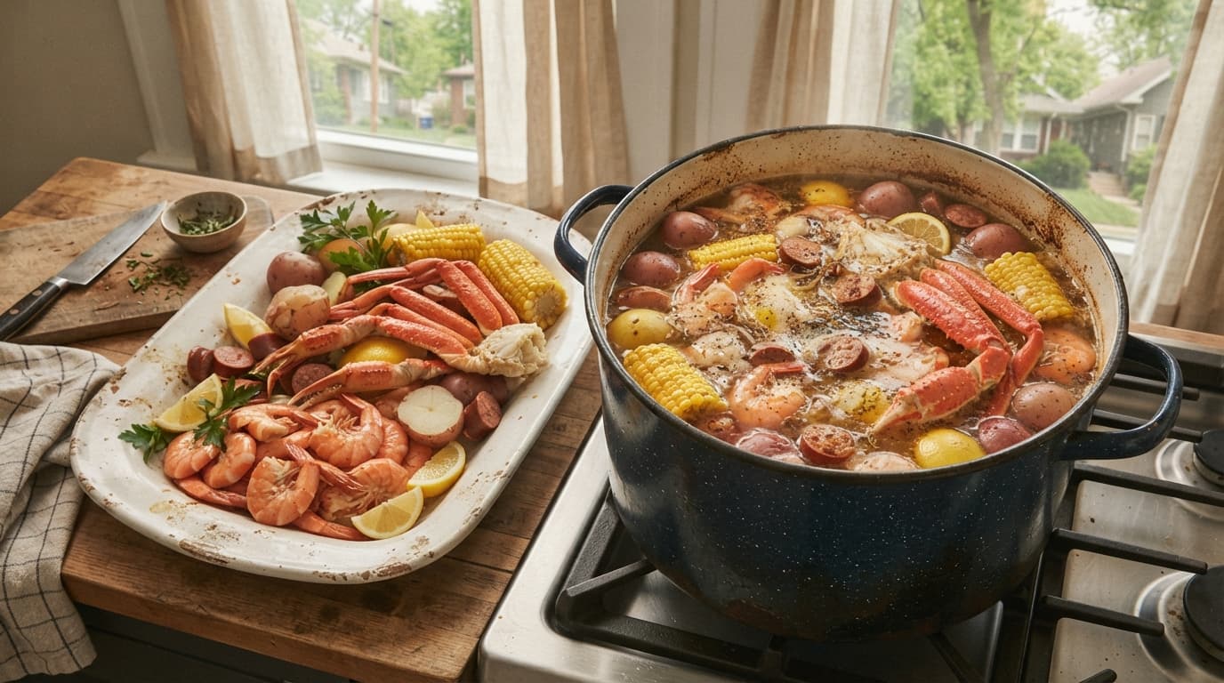 Stockpot and tray of shrimp, crab legs, corn, potatoes, and sausage on a kitchen table.