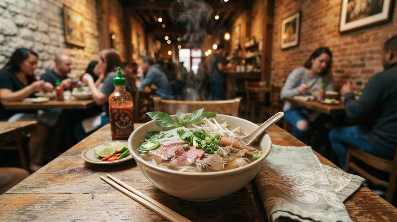 A steaming bowl of beef pho on a restaurant table with herbs and chopsticks.