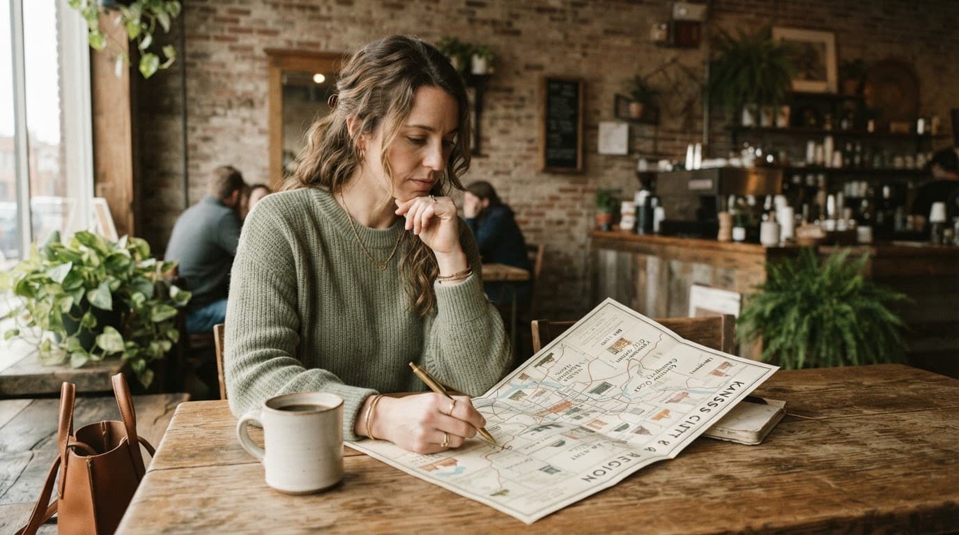 A traveler studies a vintage map with coffee at a rustic table.