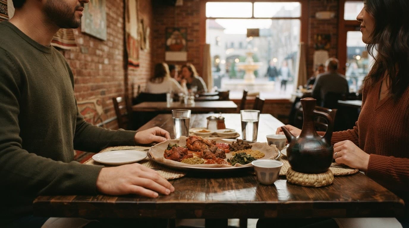 Two people share Ethiopian food and coffee at a warm restaurant table.