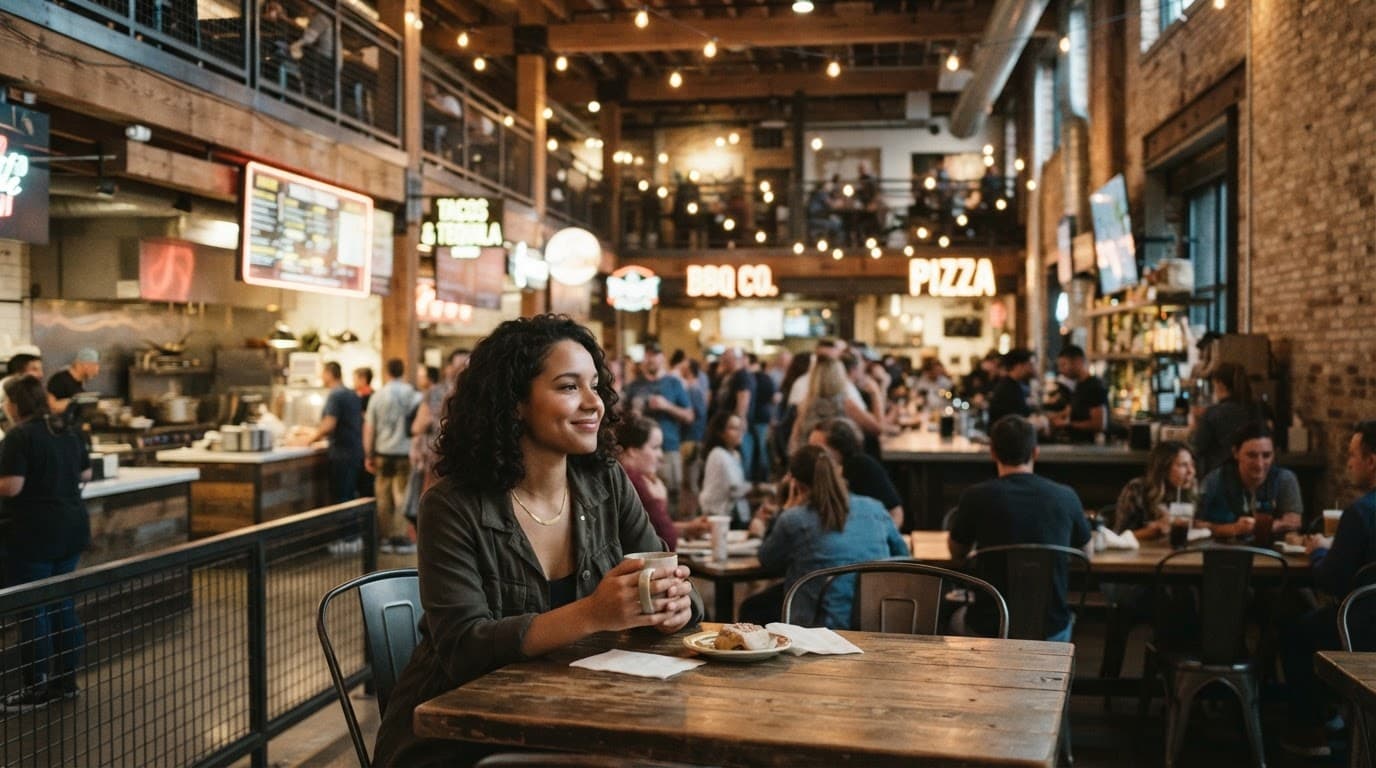 One relaxed person stands inside a warmly lit Kansas City food hall with exposed brick and food stalls.