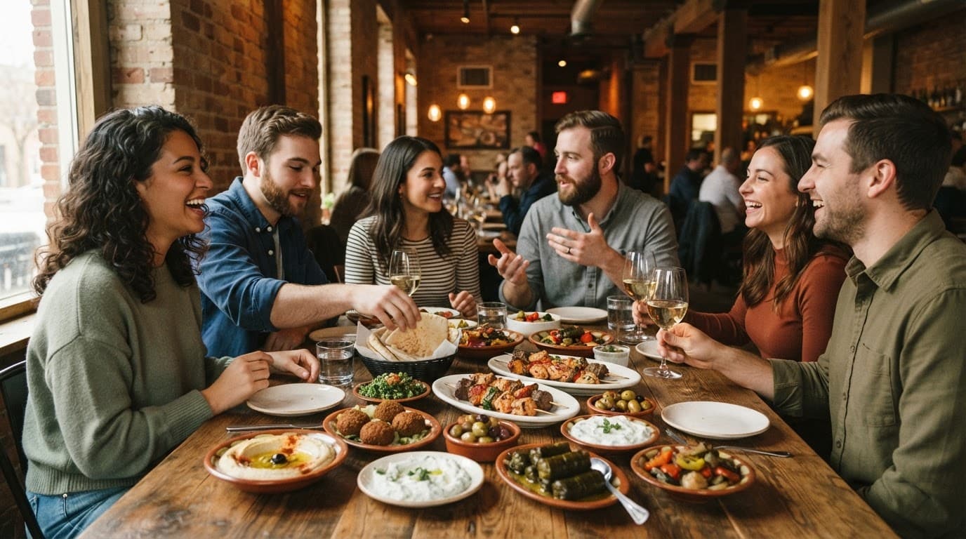 Six people share Mediterranean dishes around a long restaurant table.