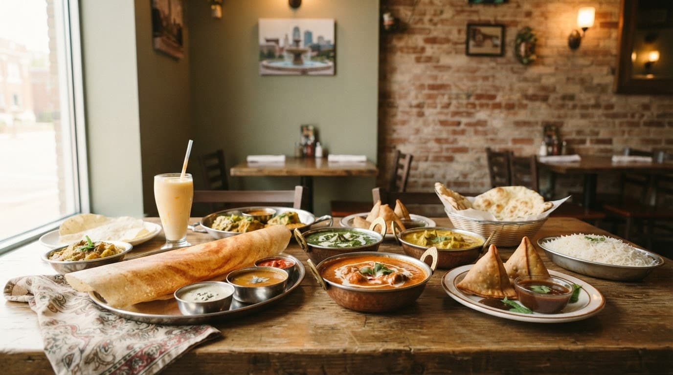 Indian curries, dosa, chutneys, and mango lassi on a warmly lit restaurant table.