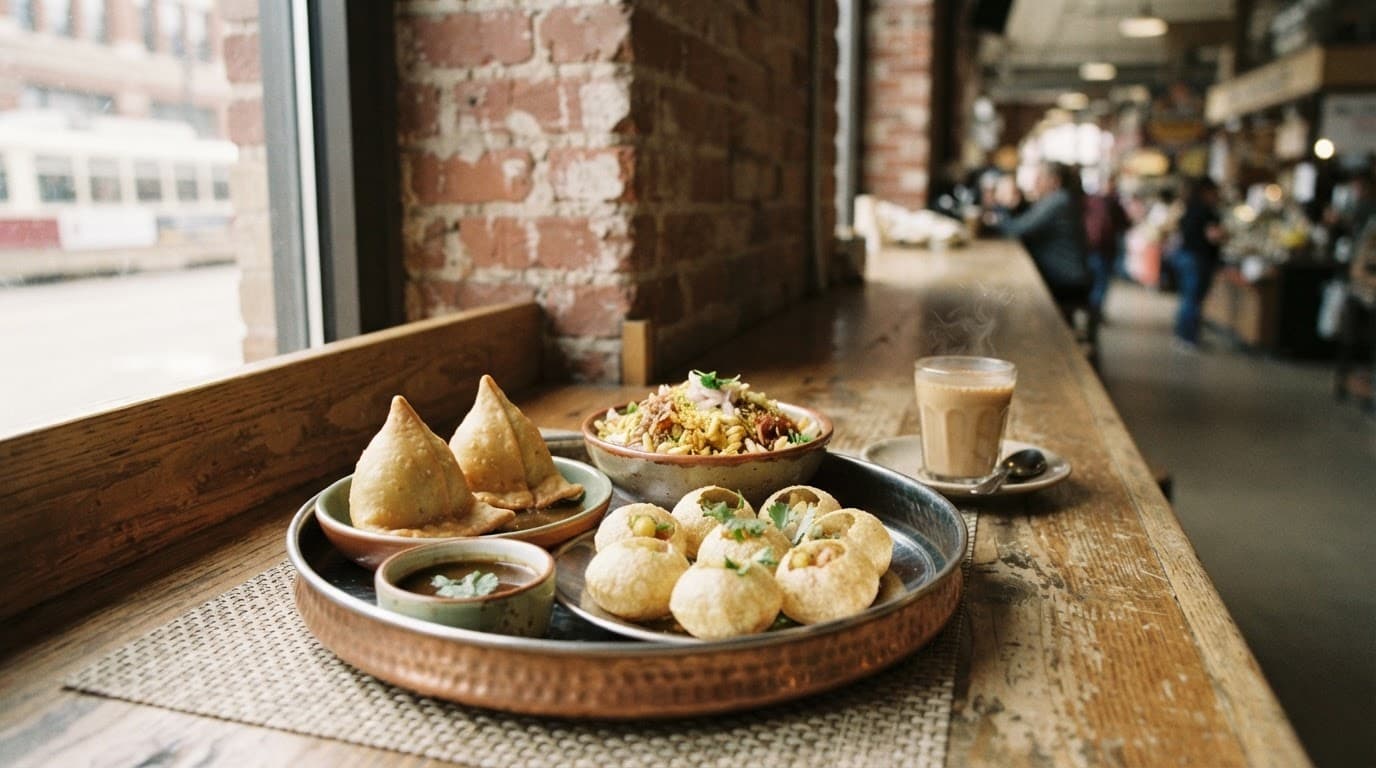 Indian street food with samosas, pani puri, chutneys, and chai on a market counter.