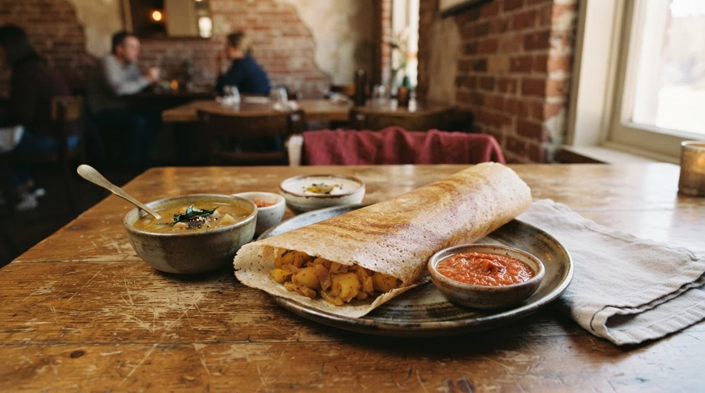 Golden masala dosa with bowls of sambar and chutneys on a warm brick restaurant table.