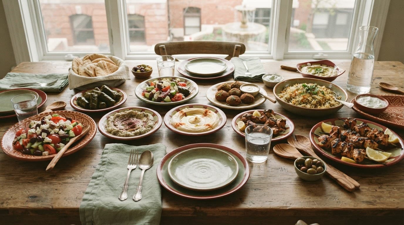Shared mezze, grilled chicken, warm pita, and an empty place setting fill a rustic dining table.