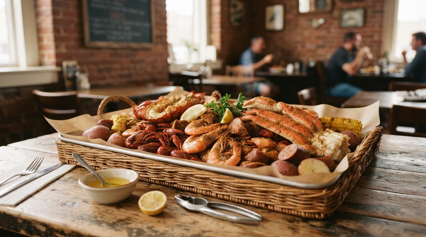 A platter of shrimp, crab, lobster, sausage, corn, and potatoes on a restaurant table.