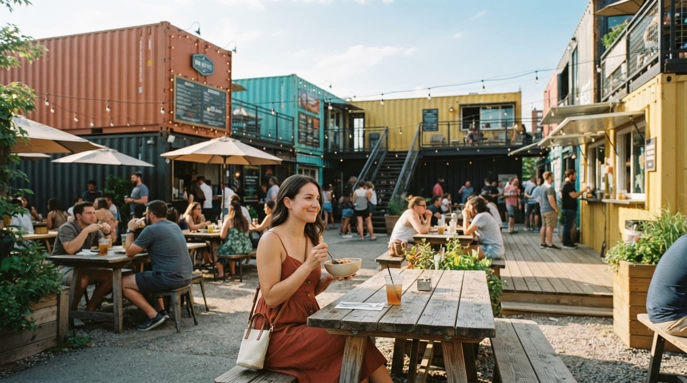 A colorful container food hall with patio tables and one person in front.