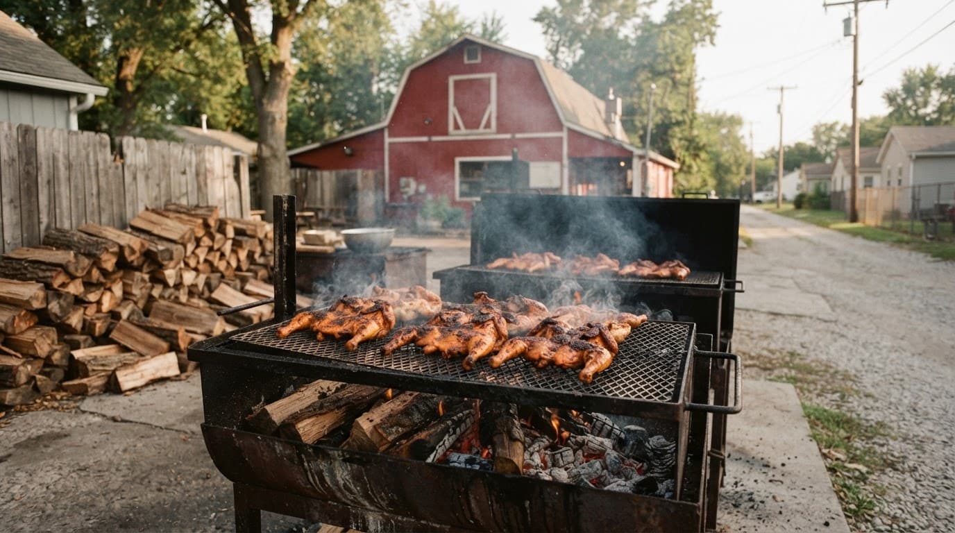 Spatchcocked chicken cooking over glowing hickory coals outside a red barn-shaped restaurant.