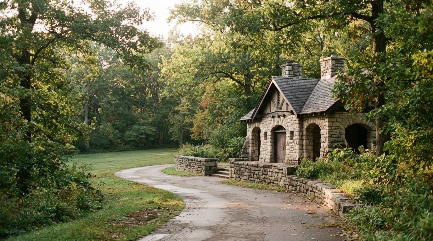 Historic limestone buildings surrounded by green trees in Swope Park.