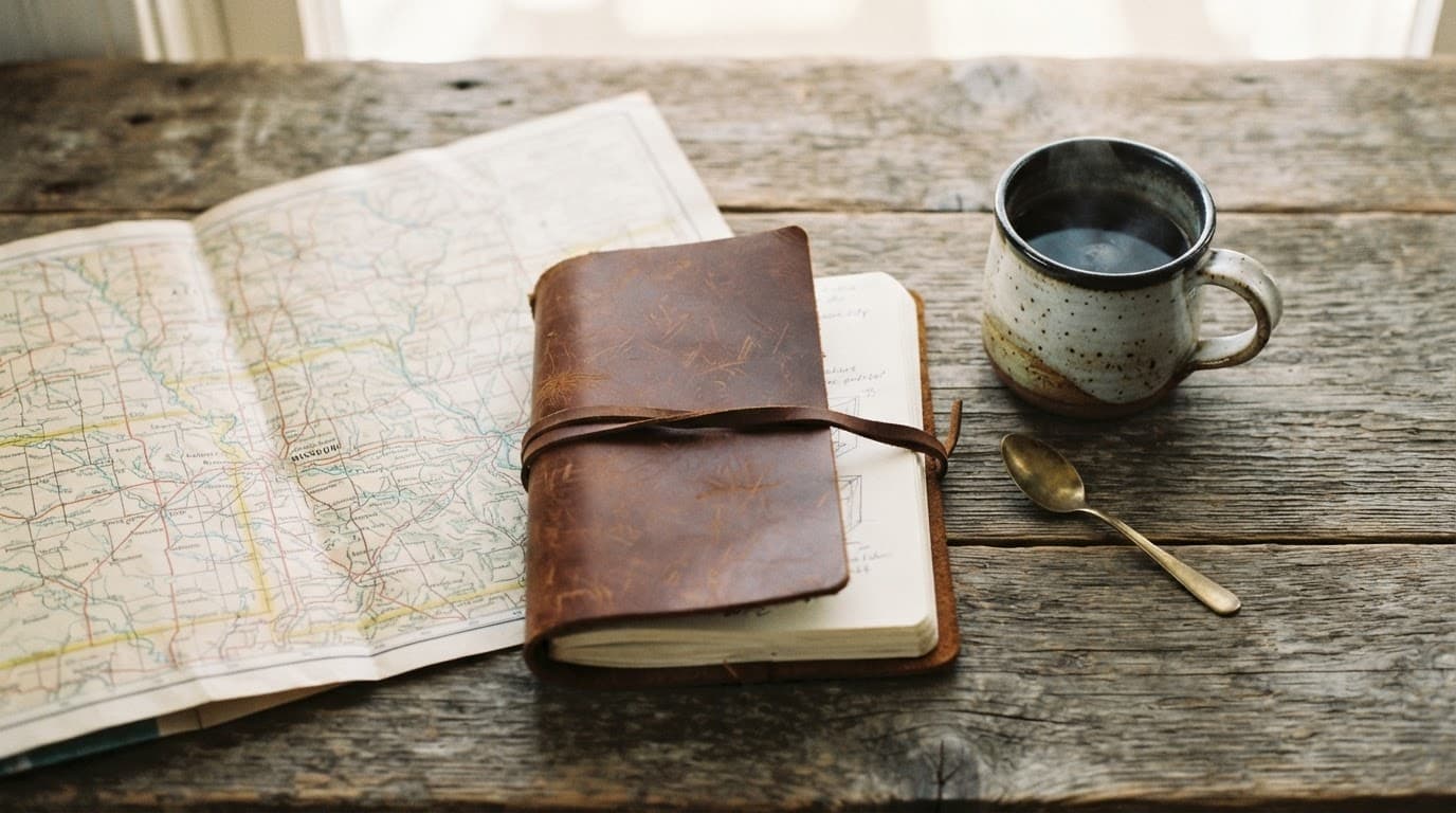 A vintage map, leather notebook, and coffee mug on a weathered wooden table.