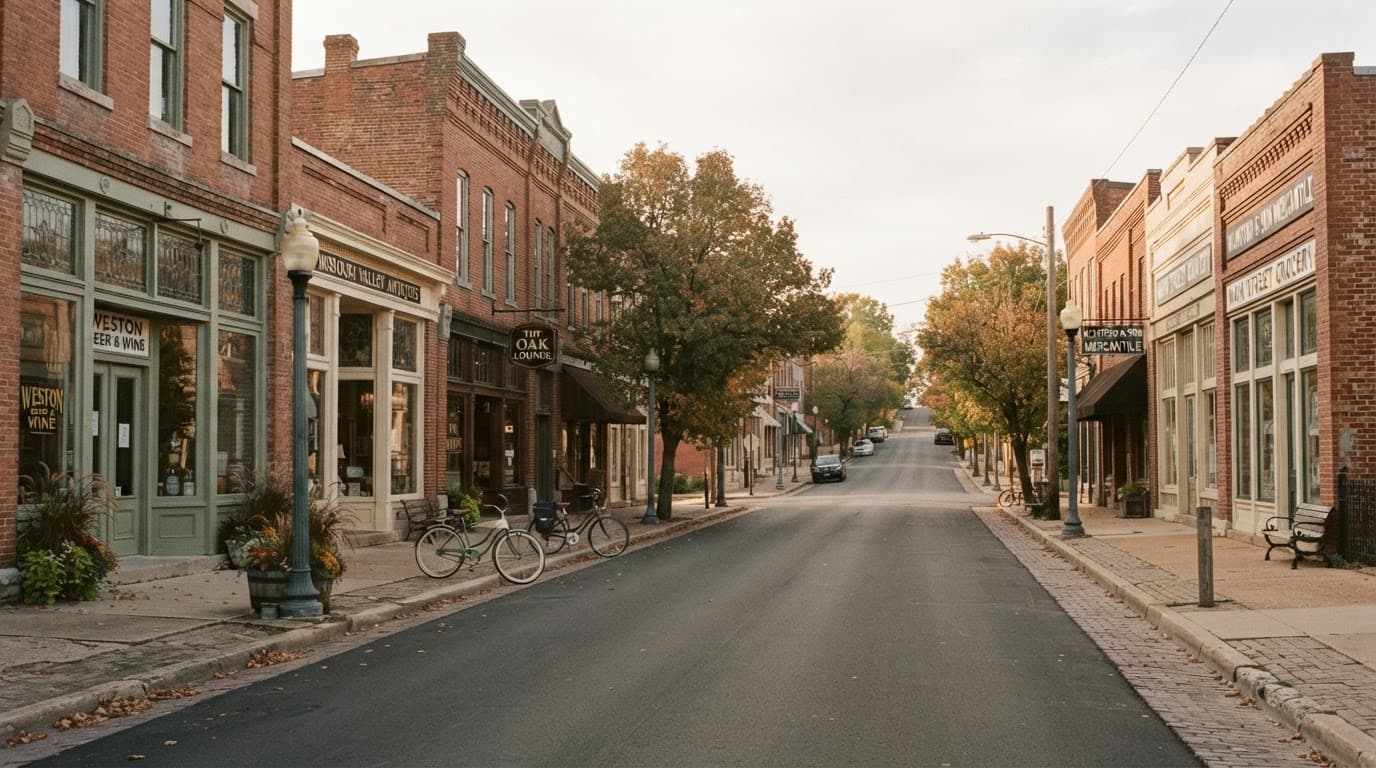 Historic brick storefronts line a quiet main street in warm sunlight.