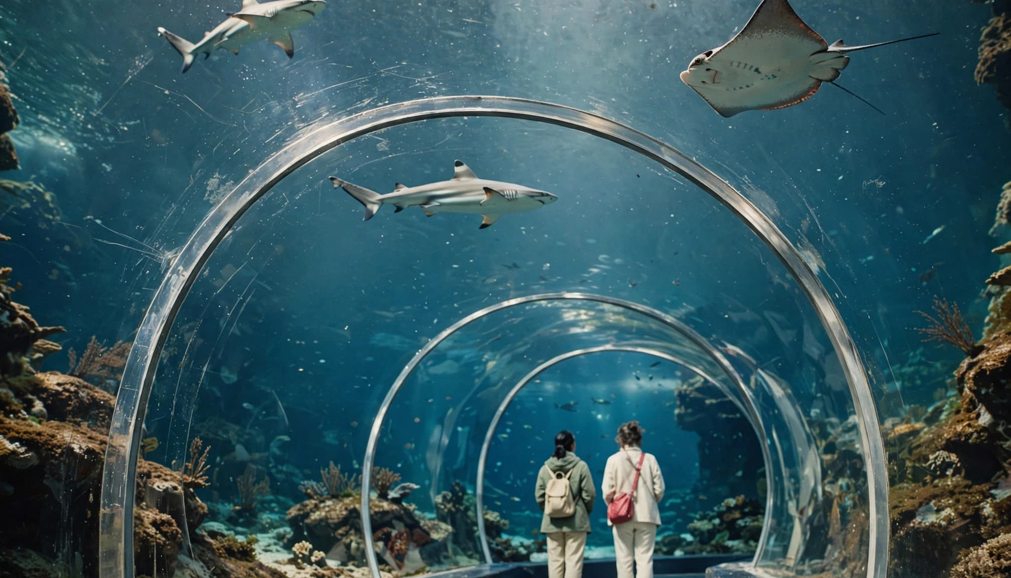 Two visitors look up at a shark and rays inside a blue aquarium tunnel.
