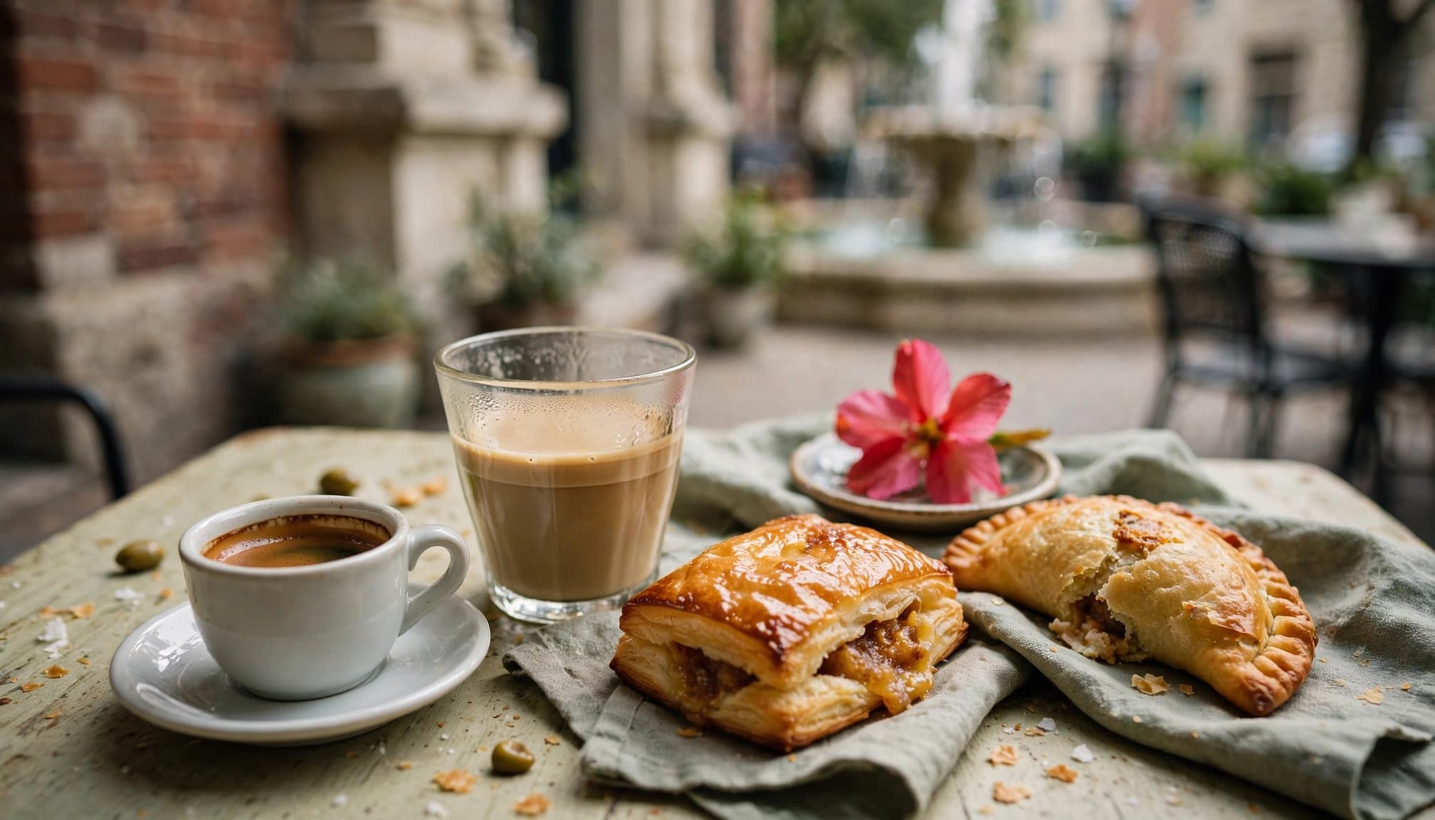 Espresso, café con leche, and a golden pastry on a cafe patio table.