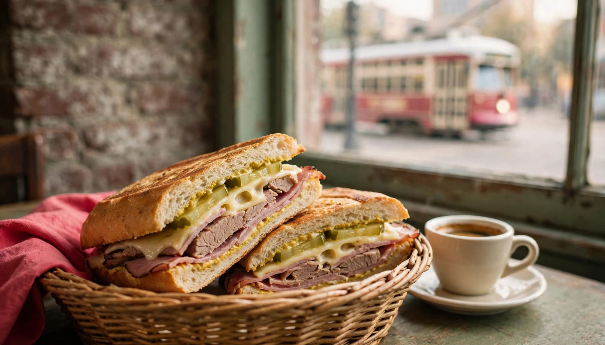 A Cuban sandwich in a wicker basket beside espresso, with a streetcar visible through the cafe window.