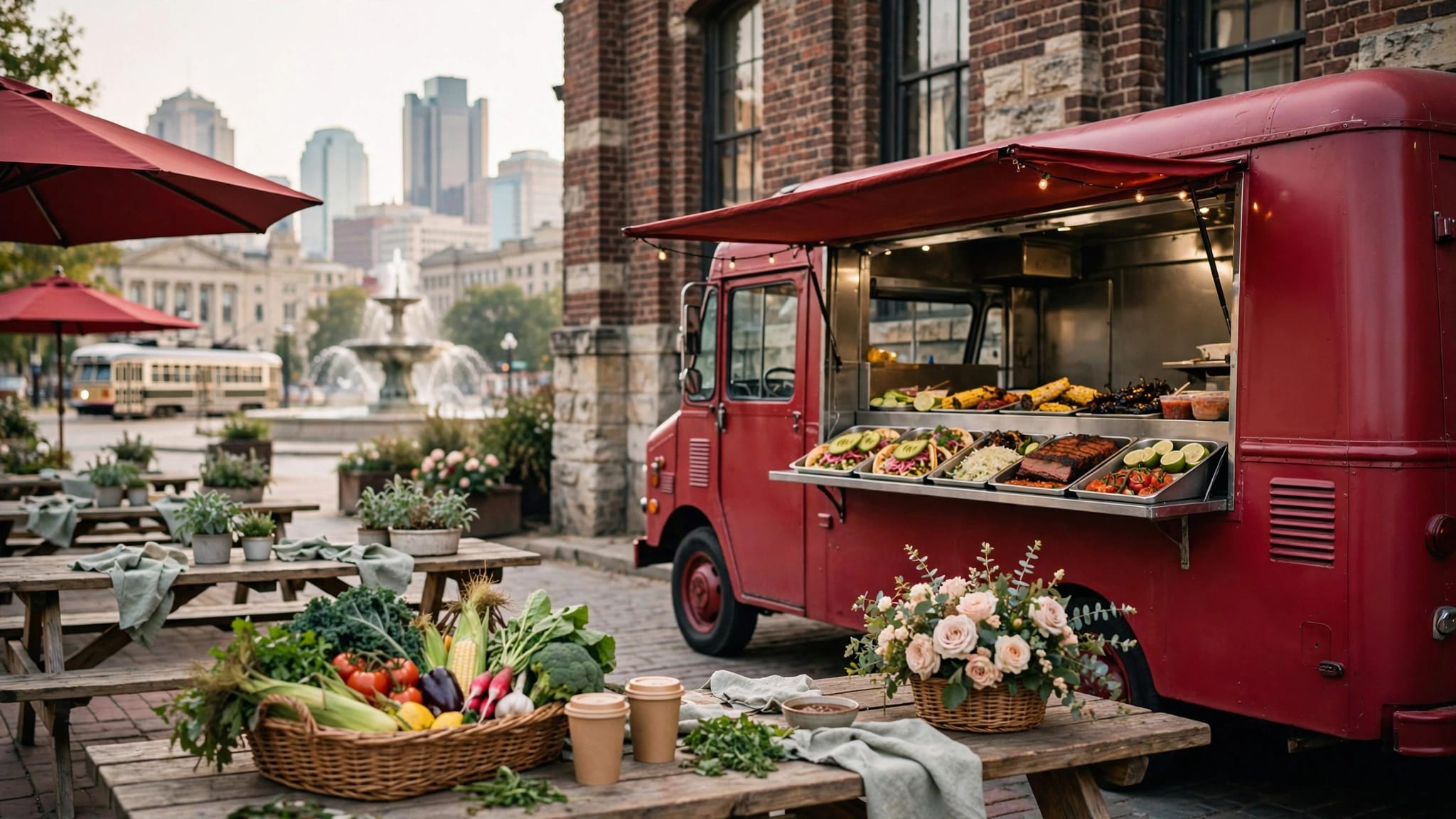 A red food truck serving street food beside a brick building and picnic tables.
