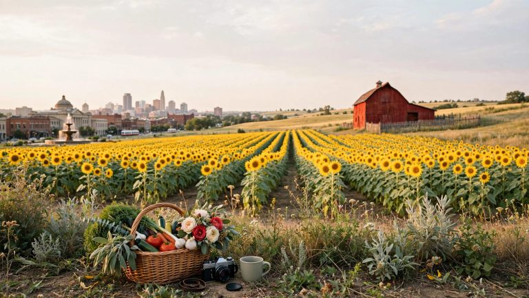 Golden sunflowers lead toward a red barn, with a picnic basket and camera in front.