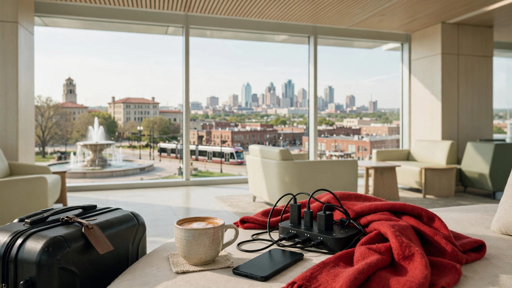 Carry-on luggage and coffee sit beside a charging station in a bright airport lounge.