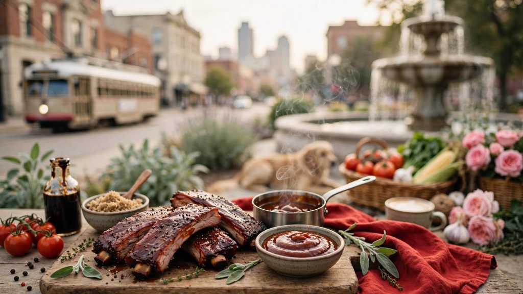 A bowl of barbecue sauce sits beside smoked ribs and cooking ingredients.